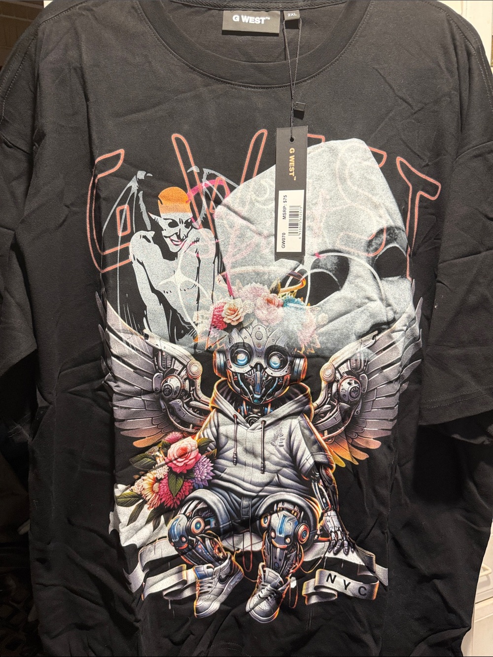 G-West Men's Black Graphic Tee with Futuristic Robot Print